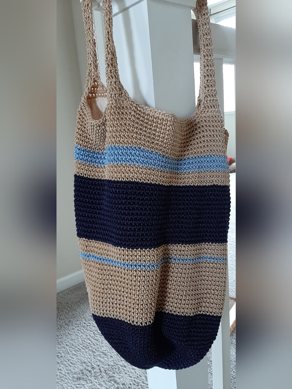 Sonoma Handwoven Straw Tote in Tan, Navy, and Light Blue